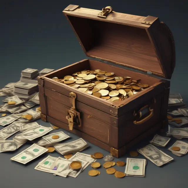 A treasure chest filled with gold coins, invoices, piles of goods, and a ticking clock symbolizing cash equivalents, accounts receivable, inventory, and prepaid expenses.