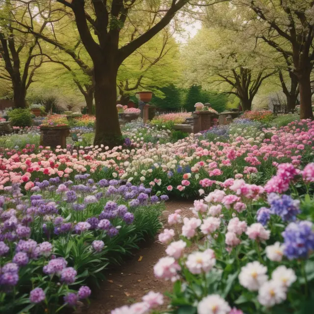 A vibrant garden featuring flowers representing various asset classes: short-term, fixed, financial investments, and intangible.