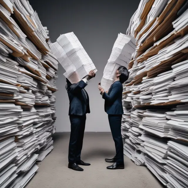 Two investors comparing two stacks: one with commercial paper and the other with asset-backed commercial paper, emphasizing their differences in collateral support.