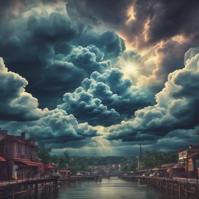 A tumultuous sky filled with dark clouds looming over a calm but tense asset-backed commercial paper (ABCP) market, representing potential liquidity risks and uncertainty for investors.