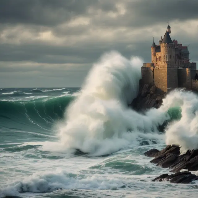 A tumultuous sea wave crashes against an intricate castle made of intertwined asset classes, symbolizing economic downturns