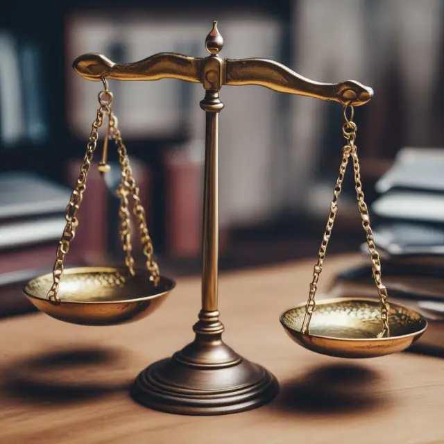 A pair of scales balanced by a person donning an AMC badge, symbolizing the advantages of diversification and expert management offered by Asset Management Companies.