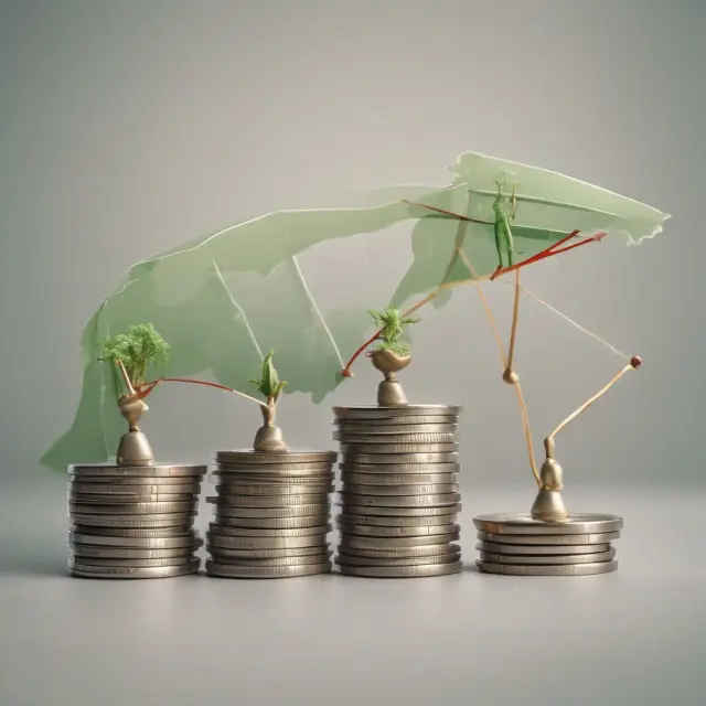 An AMC executive balances a scale with stocks, bonds, real estate, and alternatives, symbolizing effective asset allocation strategies.