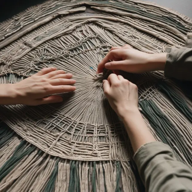An artisan creating a colorful tapestry from various threads labeled with investment metrics such as Sharpe ratio, alpha, beta, and return on investment.