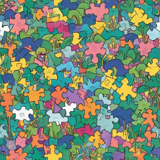 Asset Management Company: Puzzle pieces growing in a lush garden represent different asset classes, illustrating diverse investment opportunities.