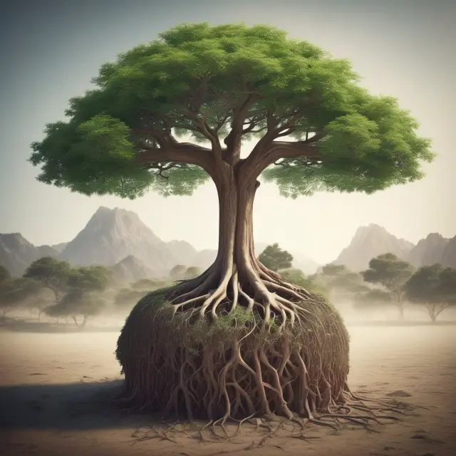 Tree with flexible roots adjusting in a shifting financial landscape, symbolizing the need for regular asset allocation updates
