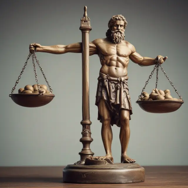 An ancient investor meticulously balances various asset classes—equities, fixed-income, and cash equivalents—on a scale to represent effective asset allocation strategies.