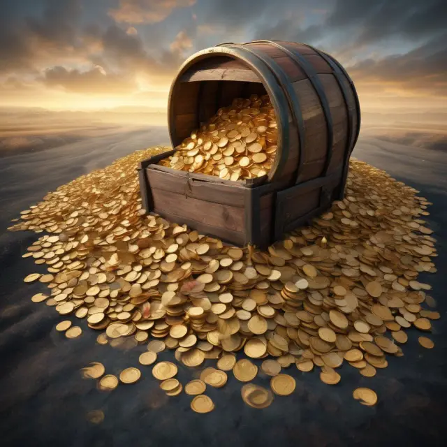 Abundant cornucopia filled with fruits, grains, gold coins, oil barrels, and precious metals - representing various investment opportunities in the commodity sector.