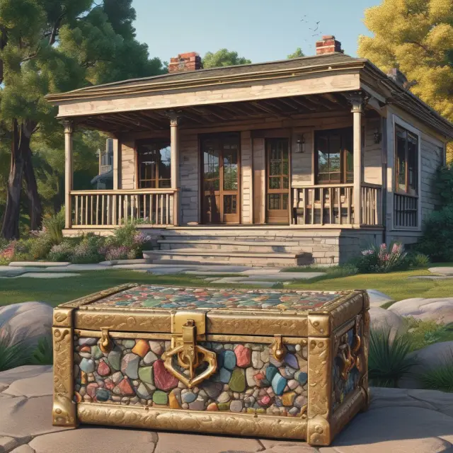 A foundation made of solid bricks represents real estate, while a precious gemstone chest symbolizes artwork investments.