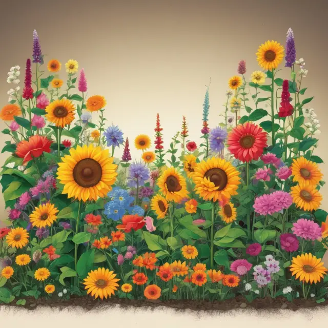 A garden filled with sunflowers (equities), roses (fixed income), orchids (real estate), and diamonds (commodities) representing diverse asset classes.