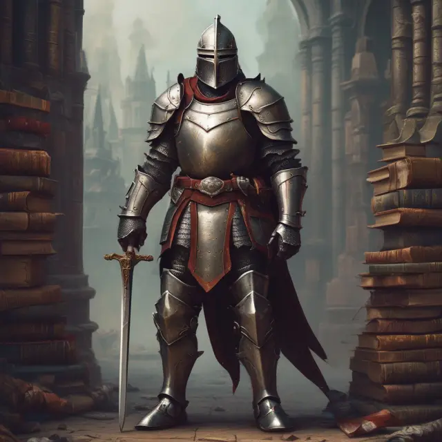 An armored knight compares asset coverage ratios in a book-filled library to gauge financial stability.