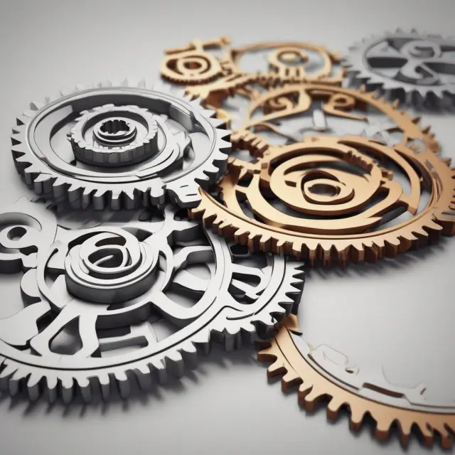 Four gears symbolizing Asset Coverage Ratio, Debt Service Ratio, Debt-to-Equity Ratio, and Quick Ratio interconnected, representing various financial assessments of a company