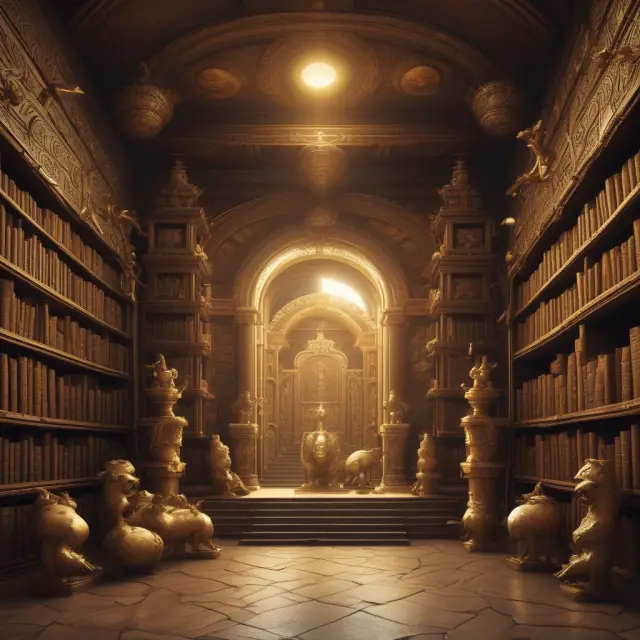 Golden scrolls of assets on library shelves, watched over by two guardian lions – a metaphor for secured asset financing.