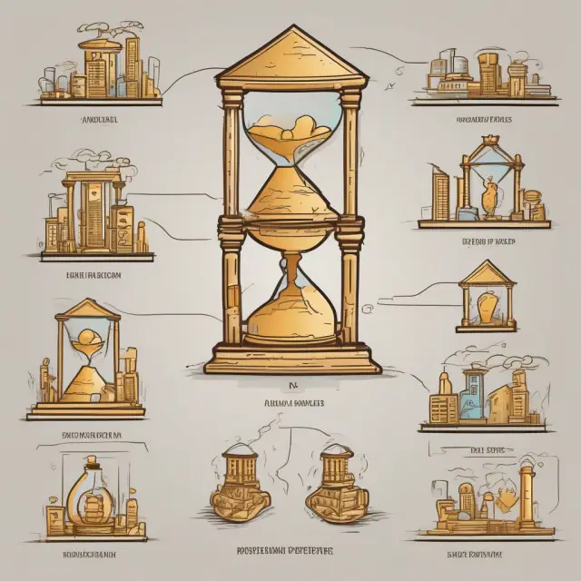 A golden account receivable, stacked inventory, machinery wheels turning, real estate towers, and an hourglass filled with accounts payable creating a stable foundation for asset financing.