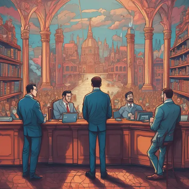 An image of protective regulatory figures supervising the bustling world of asset financing