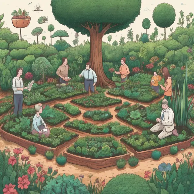A lush garden with four gardeners (RIAs, Brokers, Advisors, Robo-advisors) tending to various blooming plants (client investments).