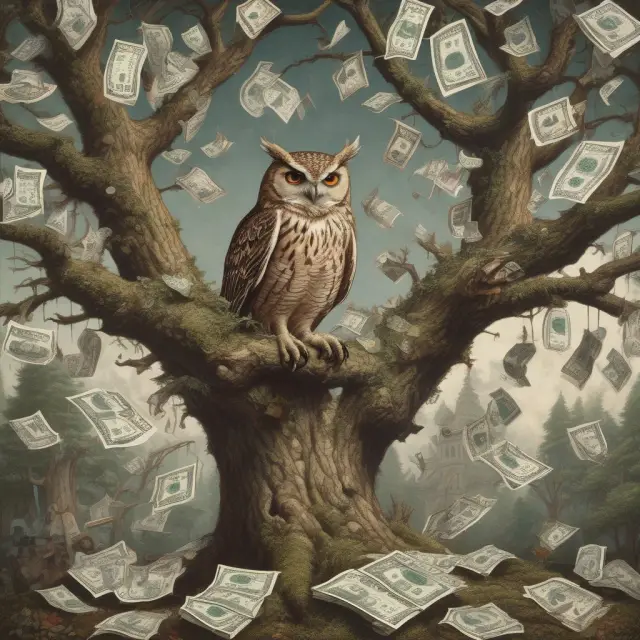 An owl as a financial advisor offers guidance among investment tools, symbolizing fiduciary duty and unbiased advice.