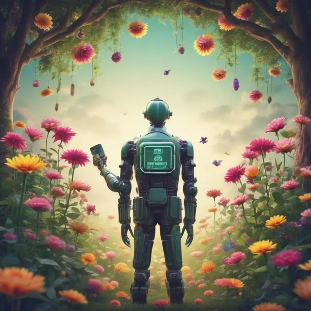 A digital gardener nurturing a colorful garden of diverse investment portfolios, symbolizing robo-advisors and their cost advantages.