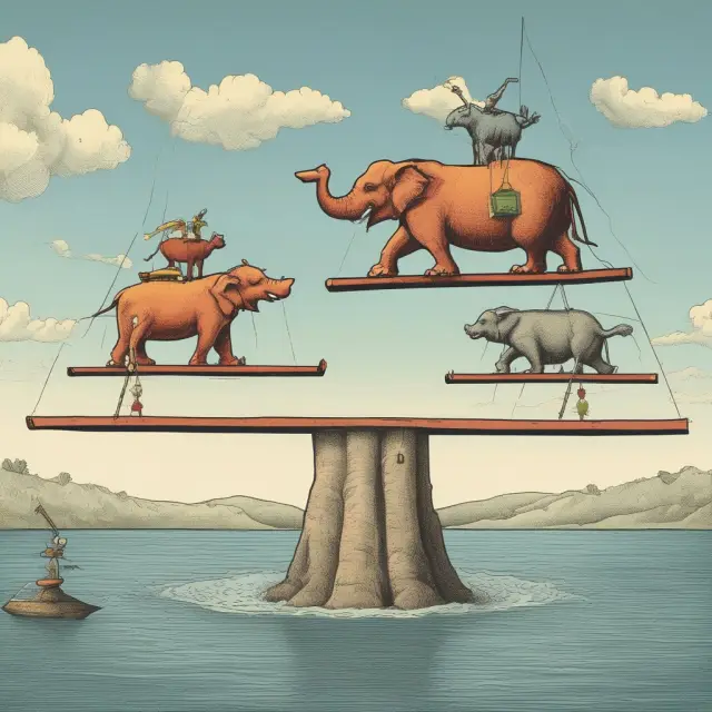 An elephant (creditworthy) and a fox (counterparty) engaging in a floating-rate asset swap on a see-saw, illustrating credit risk transfer and interest rate hedging
