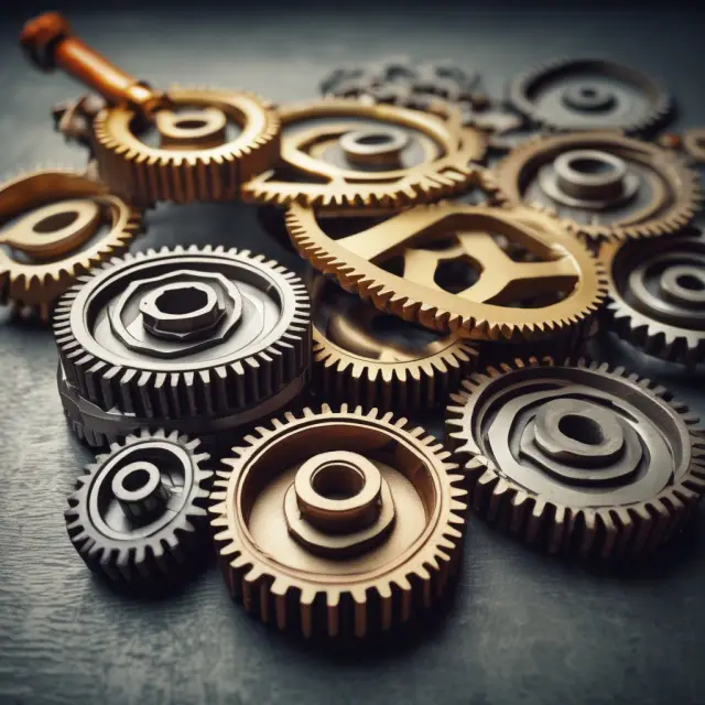 Two gears in motion symbolizing the asset turnover calculation process, driving revenue and efficiency