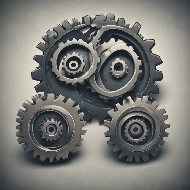 Two interconnected gears: one turning current assets, the other fixed assets - symbolizing asset turnover and fixed asset turnover ratios