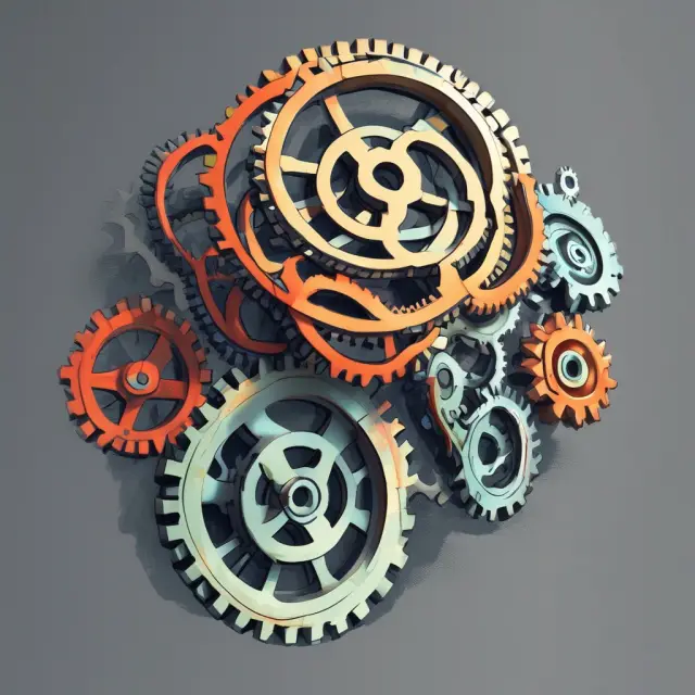 Interconnected gears illustrating frequently asked questions about asset turnover ratio, generating answers in an organized and efficient manner