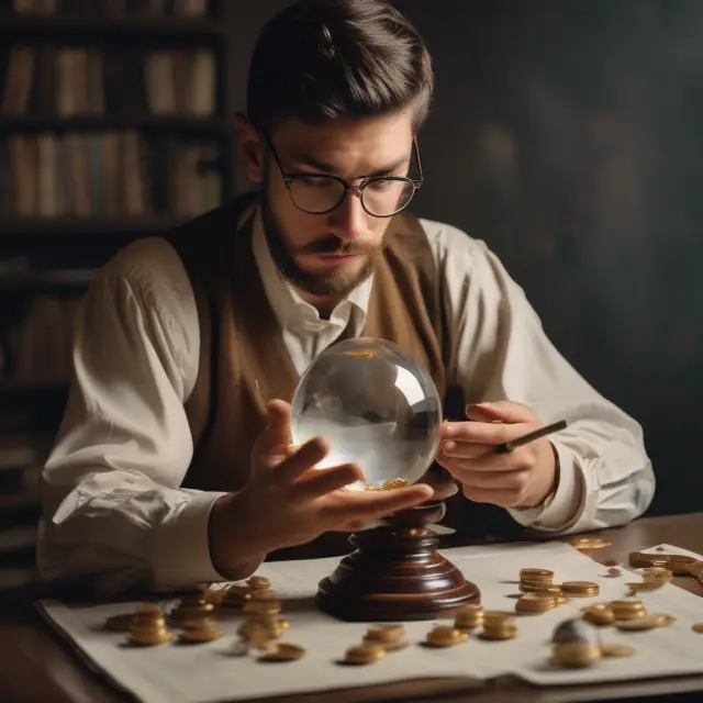 Scholar studying potential investment in crystal ball filled with gold coins, depicting Discounted Cash Flow analysis
