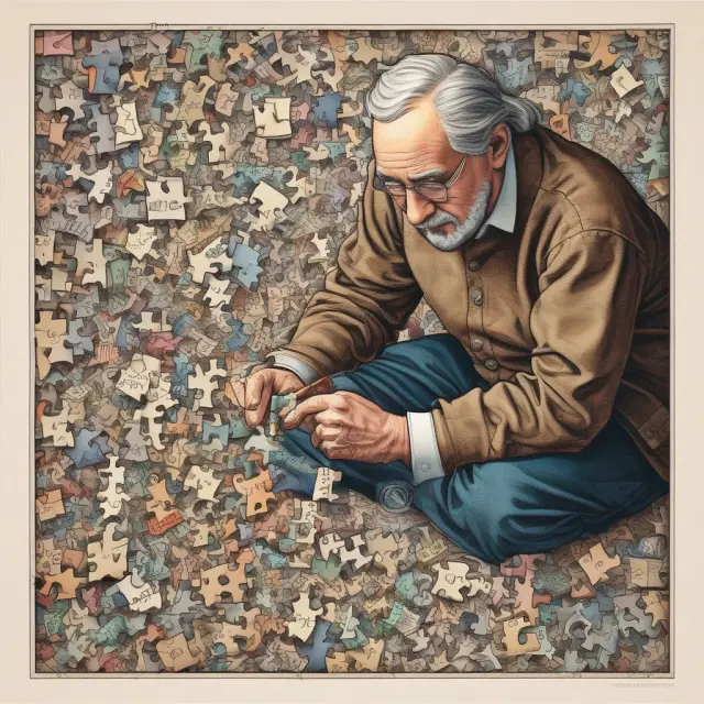 An investor meticulously working on a jigsaw puzzle featuring tangible and intangible assets to understand accurate asset valuation.
