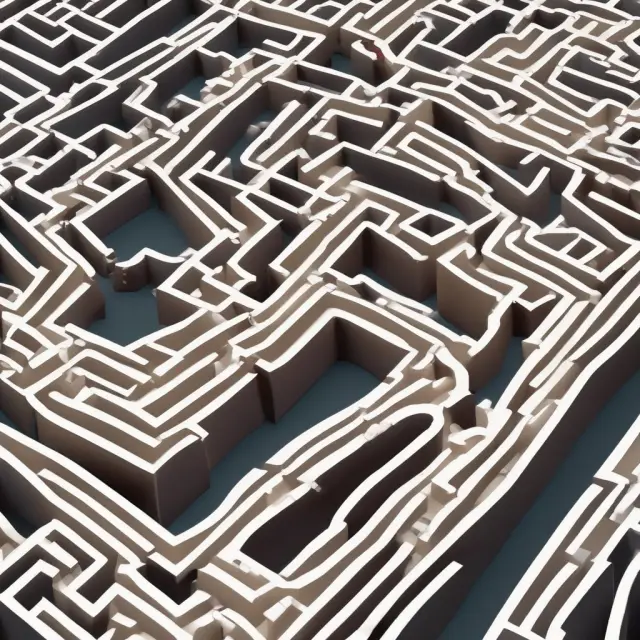 A labyrinth filled with various products representing assortment strategies, winding paths symbolize the role of depth and breadth in retail success
