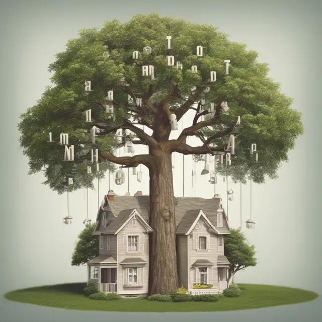 Visual comparison between assumable mortgage (tree with roots) and traditional mortgage, illustrating lower interest rates, flexible terms, and differences in monthly payments and equity.