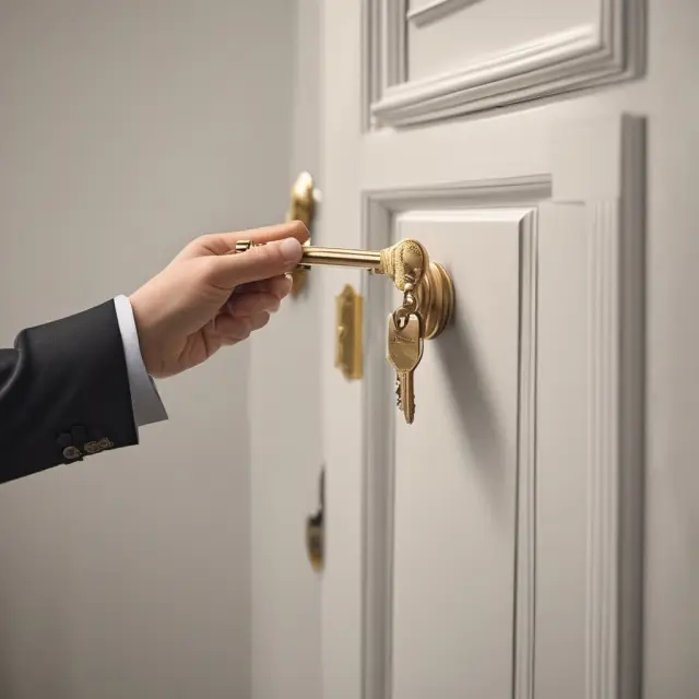 A seller handing a golden key to a buyer, illustrating the process of assuming an assumable mortgage