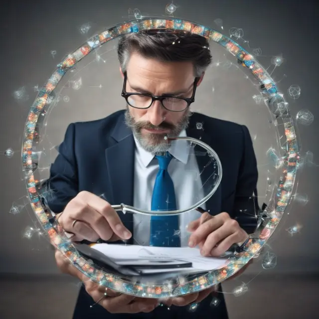 An expert assessor examines various interconnected business risks through a kaleidoscope, using a magnifying glass for closer inspection.