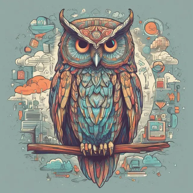 An owl wisely observing a healthcare ecosystem, with data flowing between interconnected HMOs, hospitals, and regulators