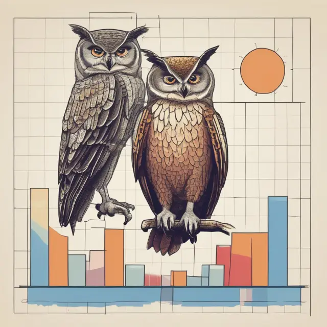 An owl with outstretched wings symbolizing wisdom overlooks a market graph, as a buyer and seller exchange cards behind their backs, illustrating the hidden nature of asymmetric information.