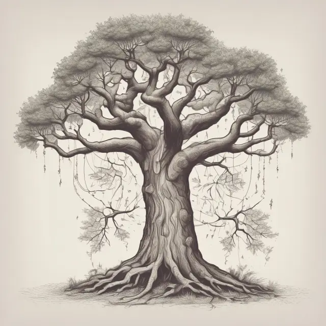An ancient tree with branches representing asymmetric information flowing between individuals or institutions, driving economic growth.