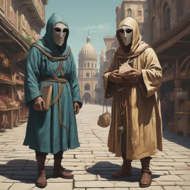 Masked figures representing transparency and dishonesty at a marketplace, symbolizing the risks of asymmetric information.