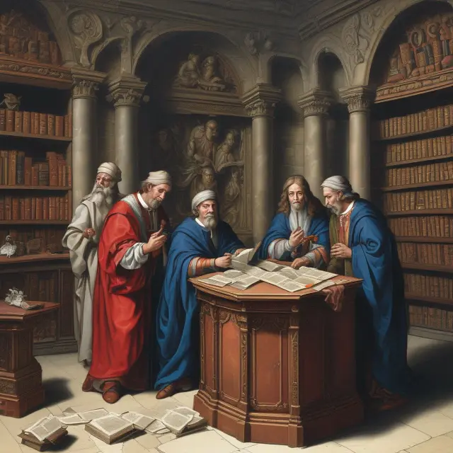 Institutional investors gather around a table in a library, discussing ATM usage with scrolls depicting financial knowledge