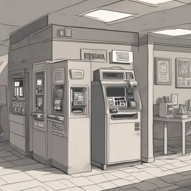 An image of an ATM with its components: card reader, keypad, cash dispenser, receipt printer, and screen.
