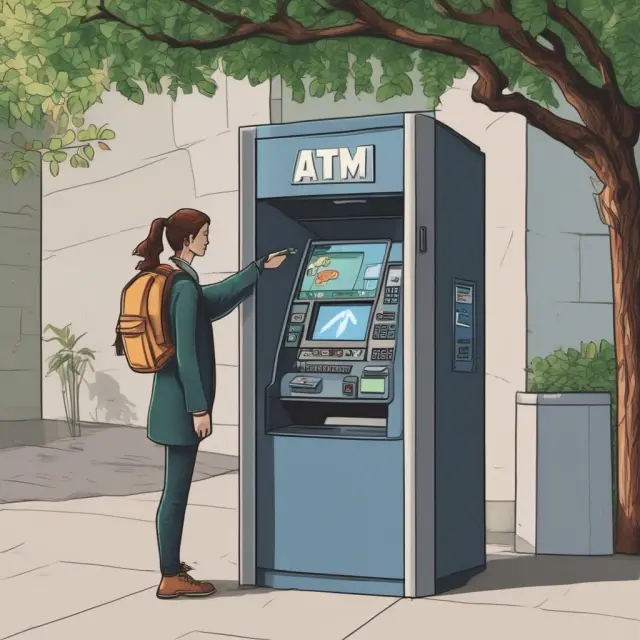 A person using an Automated Teller Machine (ATM), which metamorphoses into a flourishing tree once the transaction is completed, revealing stacked cash and coins as its leaves.