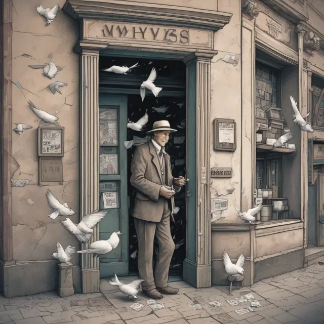 A traveler using an ATM amidst a vibrant market, surrounded by exchange rates in the form of flying doves