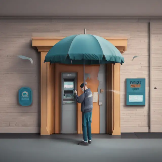 Person using an ATM with an umbrella to illustrate safety precautions against identity theft