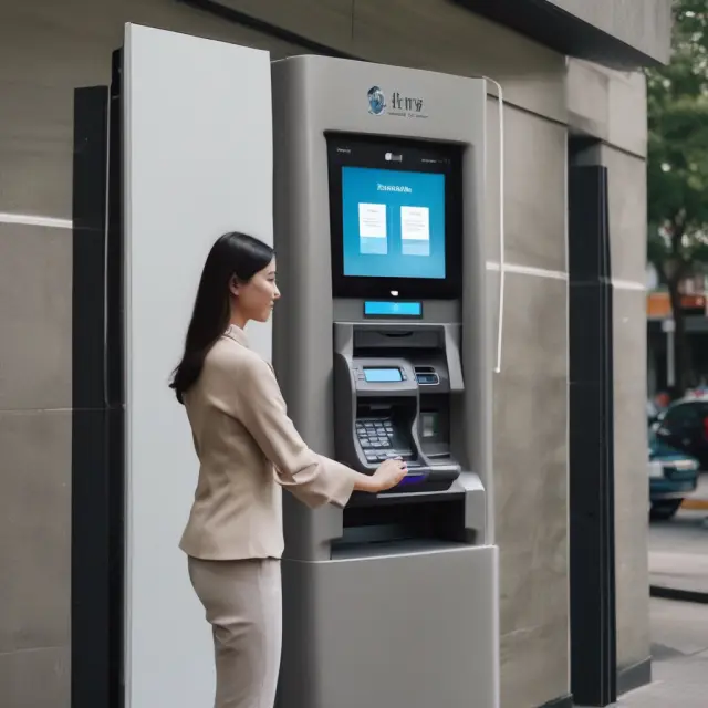 An advanced AI-powered ATM featuring mobile banking and contactless payment technology, with a person interacting using their smartphone
