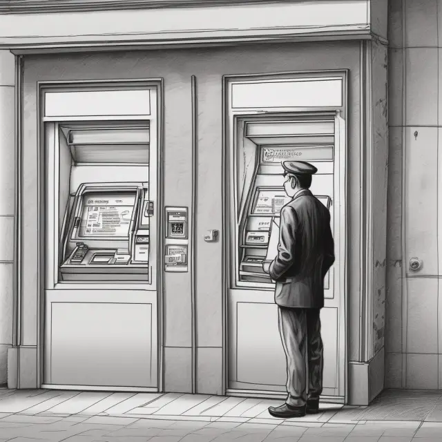 An institutional investor interacting with an ATM, surrounded by symbols representing consumer protection laws and data privacy regulations