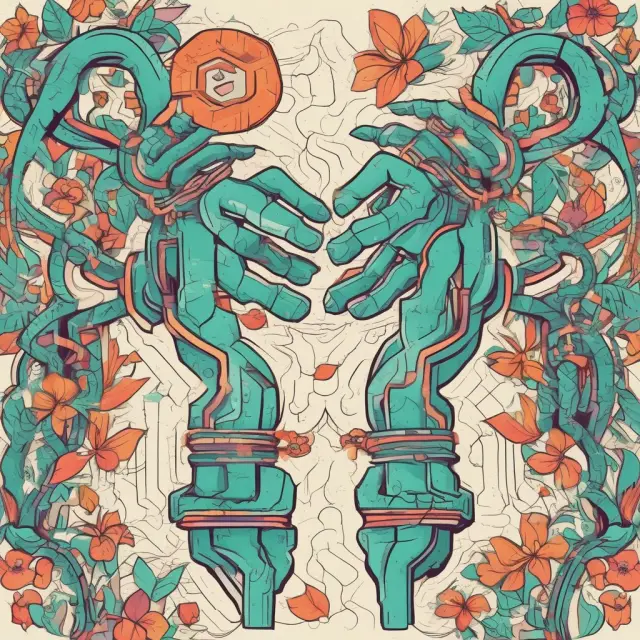Two cryptographic keys exchange digital tokens represented by blossoming flowers in a metaphorical garden, illustrating the essence of Atomic Swaps and their decentralized nature.