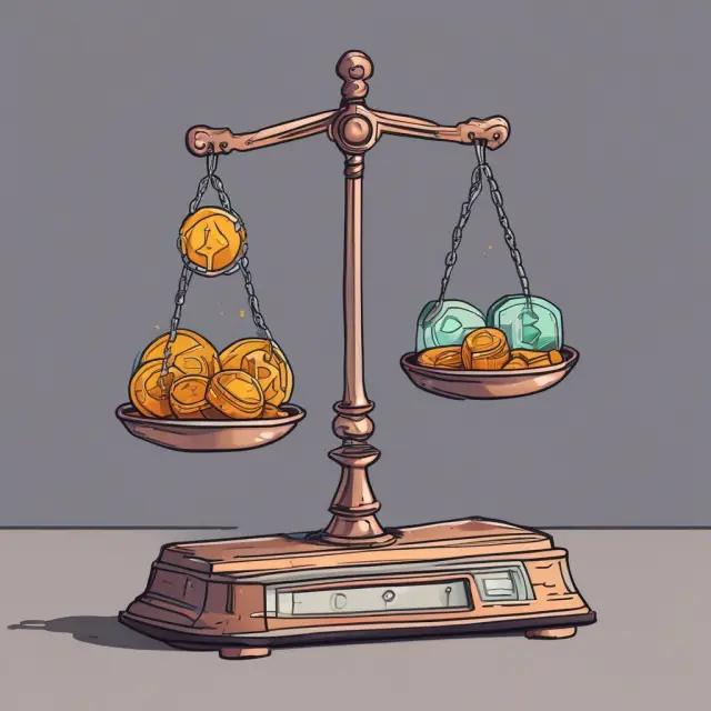 Two scales side by side, one weighing various cryptocurrencies and the other measuring network fees and wallet/DEX charges in an atomic swap transaction.