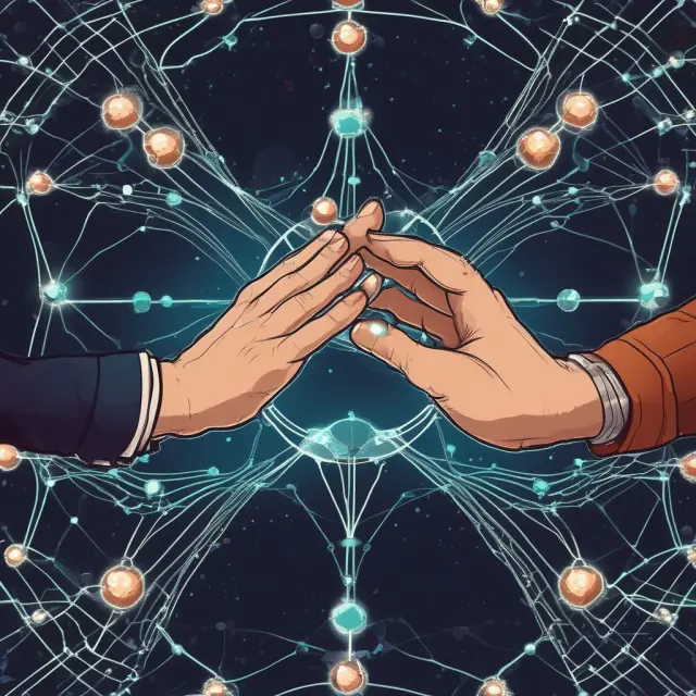 Two hands exchanging cryptocurrencies through an atomic swap, representing decentralized trading and peer-to-peer transactions.