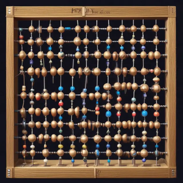 A person holding an intricate abacus with beads representing ATR values shifting across different timeframes