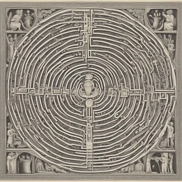 Greek gods controlling delta, gamma, theta, vega, and rho in a maze of interconnected stock symbols