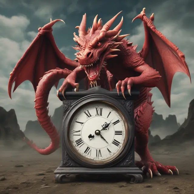 A volatility dragon exhaling flames over an interest rate scale, representing the impact on At The Money (ATM) options, with time decay as a clock ticking relentlessly nearby