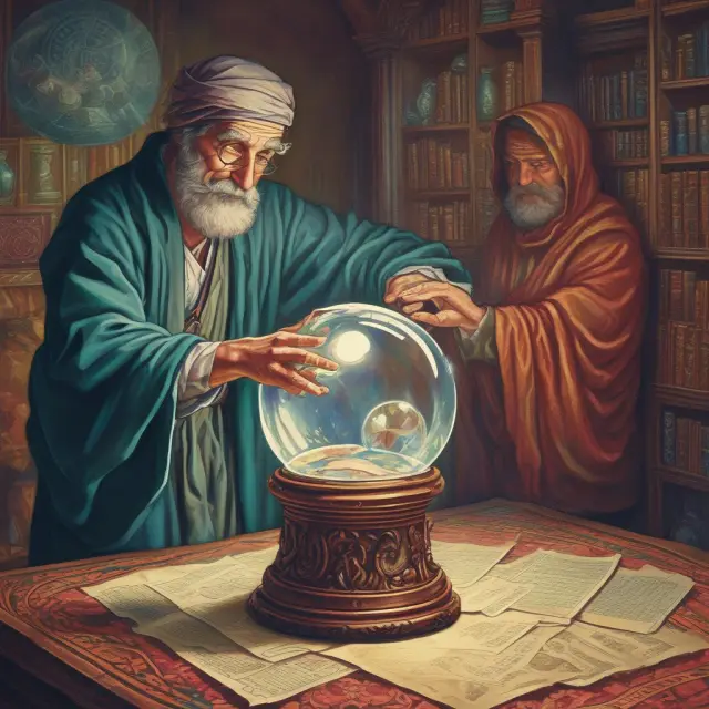 Sage analyzing crystal ball with ATM options contracts to predict upcoming market trends